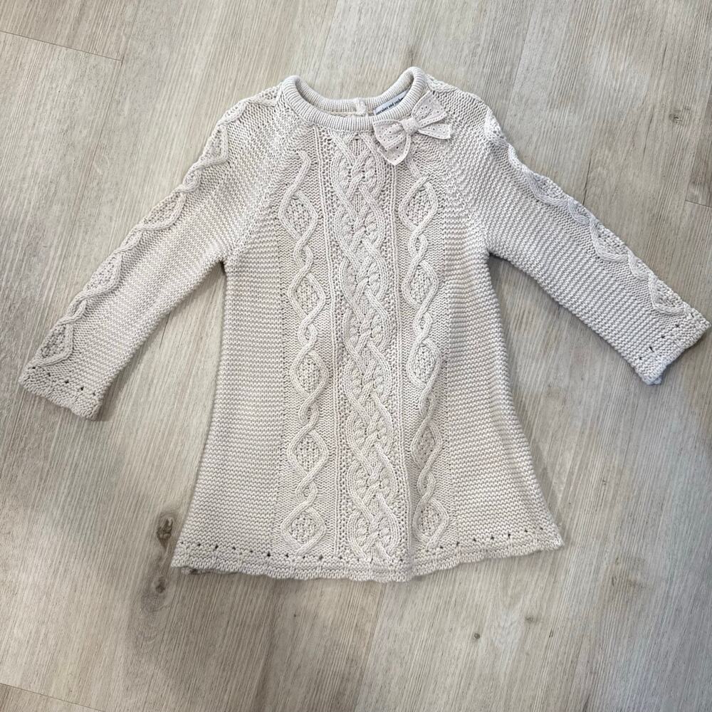 Cupcakes & Cashmere Girls Cable Knit Sweater Dress Bow Neutral Cream Size 18M
